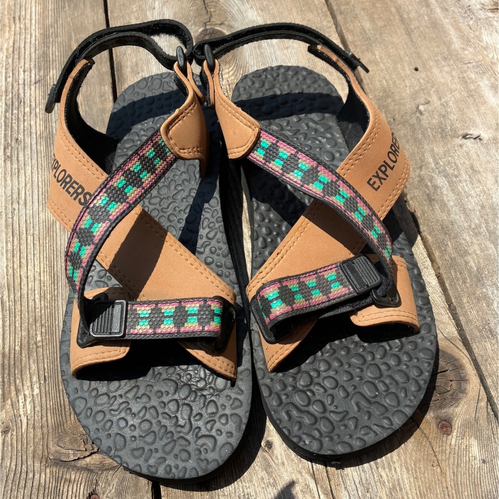 Vintage EXPLORERS Outdoors Hiking Sandals 9 Aztec Geometric Straps Gorpcore